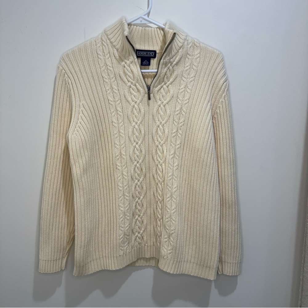 Lands’ End Cream Cable Knit Quarter Zip‎ Sweater M (10–12)